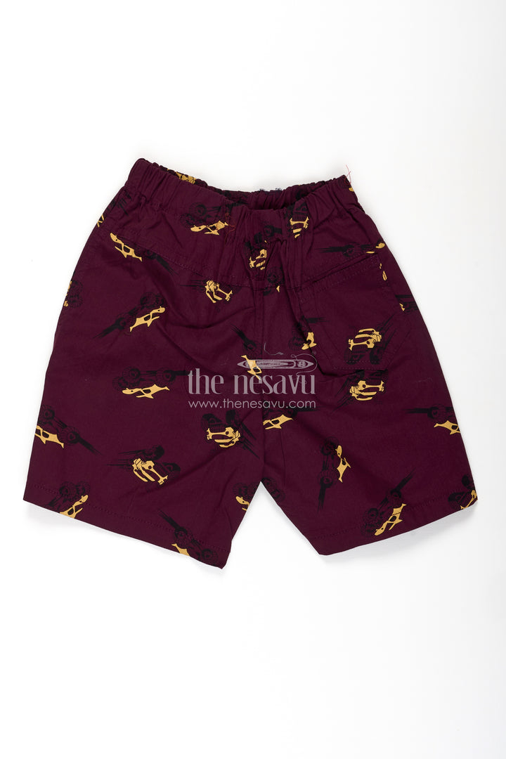 Boys Maroon Cotton sweat shorts with Racing Car Digital Print and Flexible All Day Comfort Waist