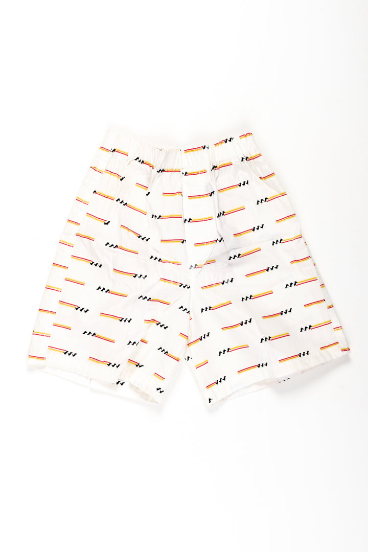 Boys Cotton white shorts with Stripe and Bird Print and Soft Fit Waistband for Casual Comfort