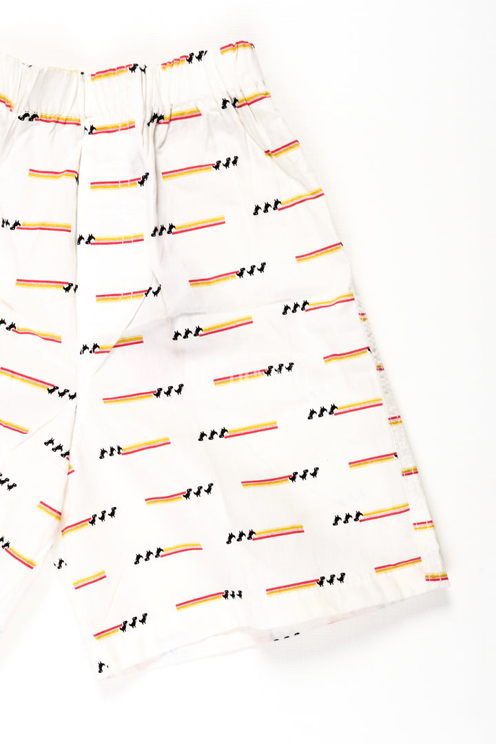 Boys Cotton white shorts with Stripe and Bird Print and Soft Fit Waistband for Casual Comfort