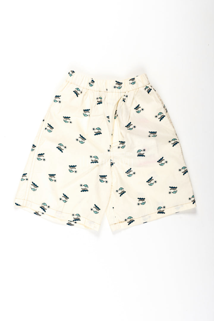 Boys White Cotton white cotton shorts with Beach Holiday Print and Soft All Over Digital Design