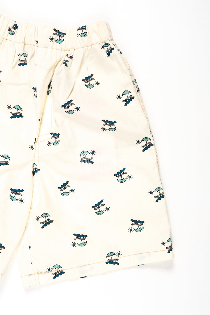 Boys White Cotton white cotton shorts with Beach Holiday Print and Soft All Over Digital Design
