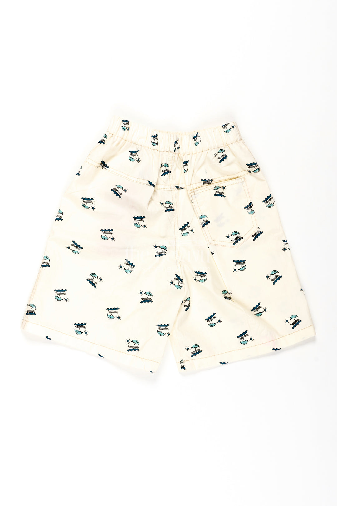 Boys White Cotton white cotton shorts with Beach Holiday Print and Soft All Over Digital Design