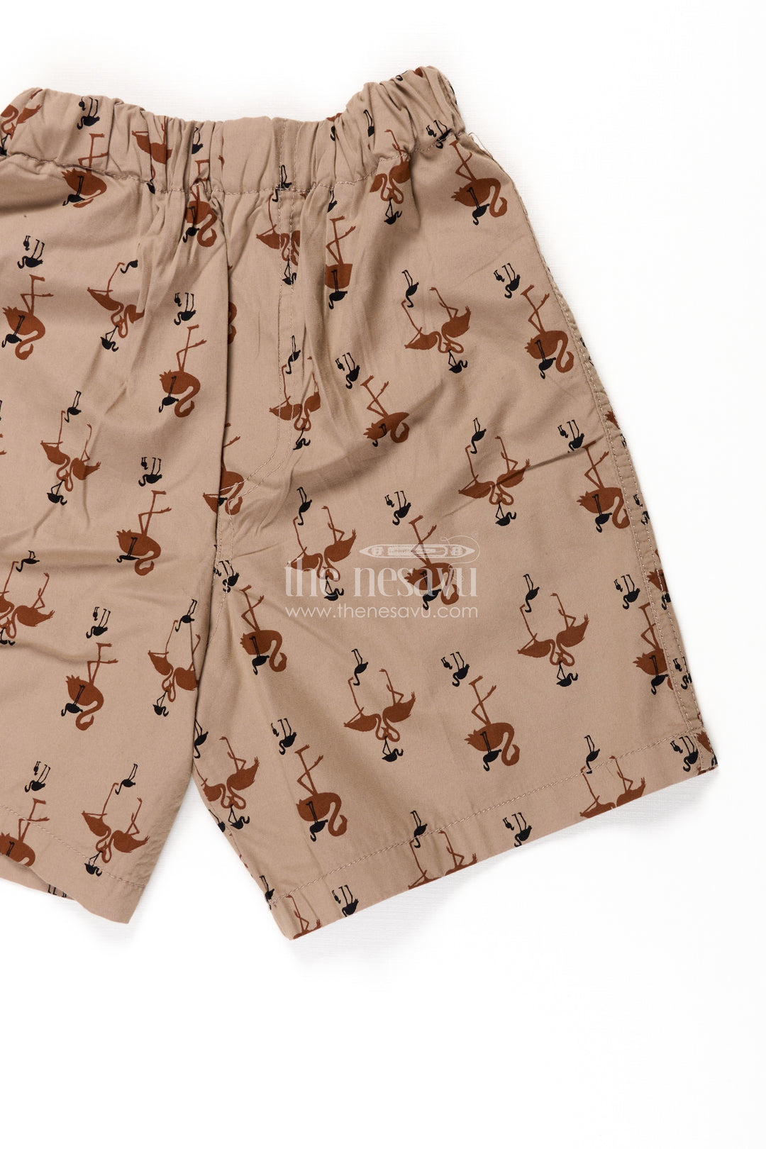 Boys Beige Cotton twill shorts with Flamingo Digital Print and Soft Elastic Waist for Summer Comfort