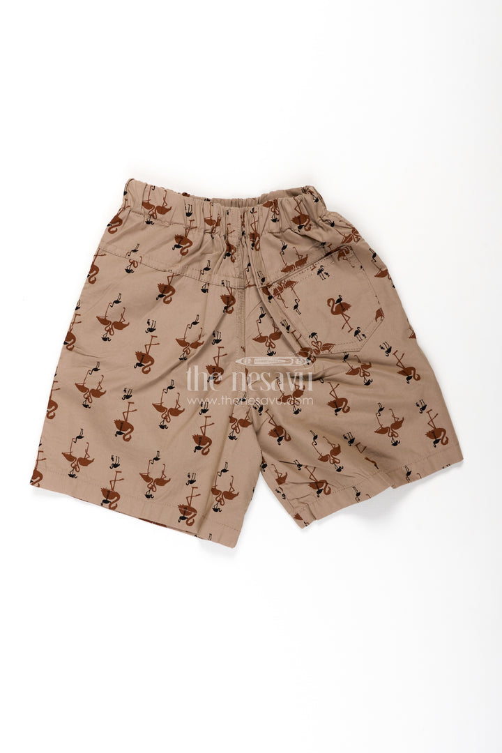 Boys Beige Cotton twill shorts with Flamingo Digital Print and Soft Elastic Waist for Summer Comfort