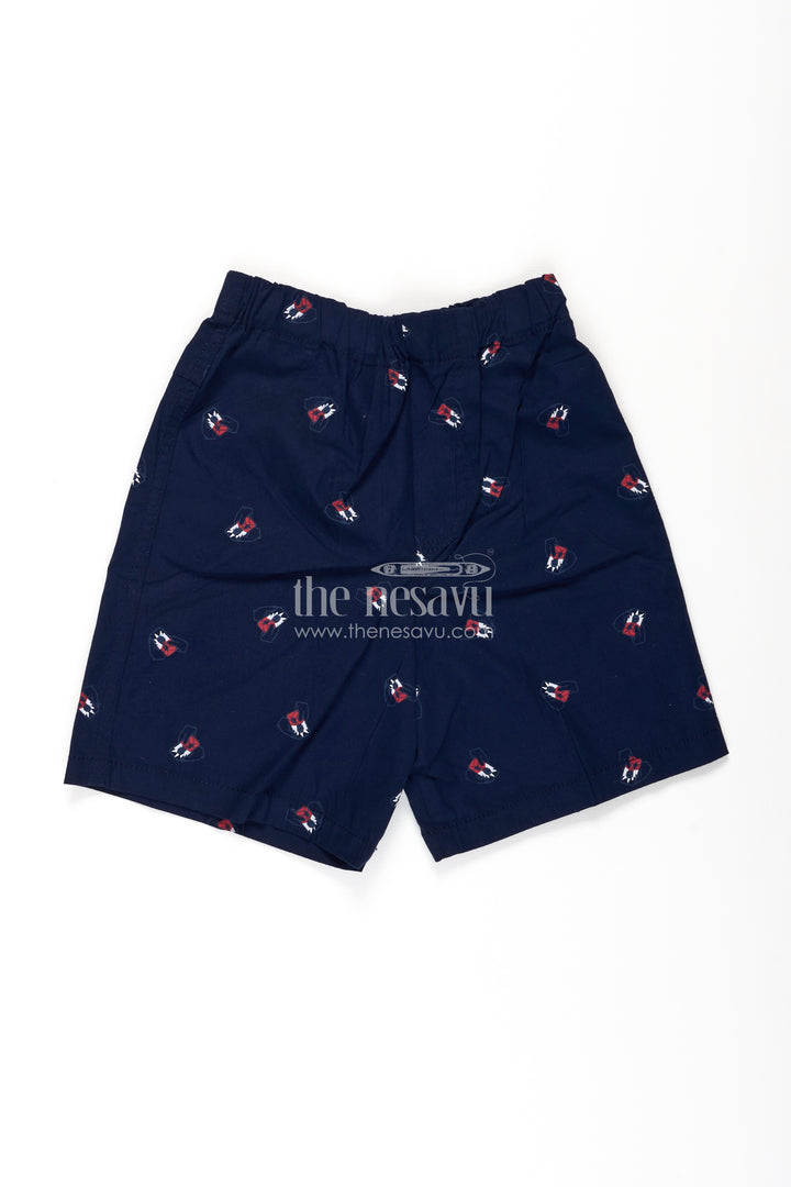 Boys Cotton navy blue shorts with Bow Tie Motif All Over Print and Soft Elastic Waistband