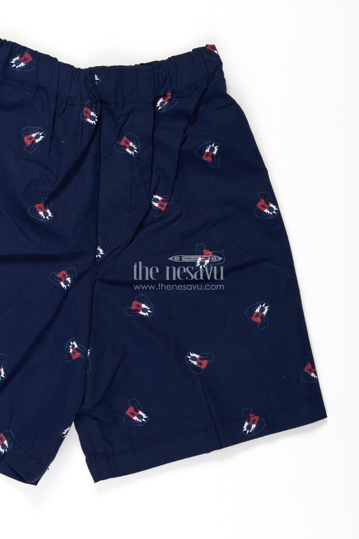 Boys Cotton navy blue shorts with Bow Tie Motif All Over Print and Soft Elastic Waistband
