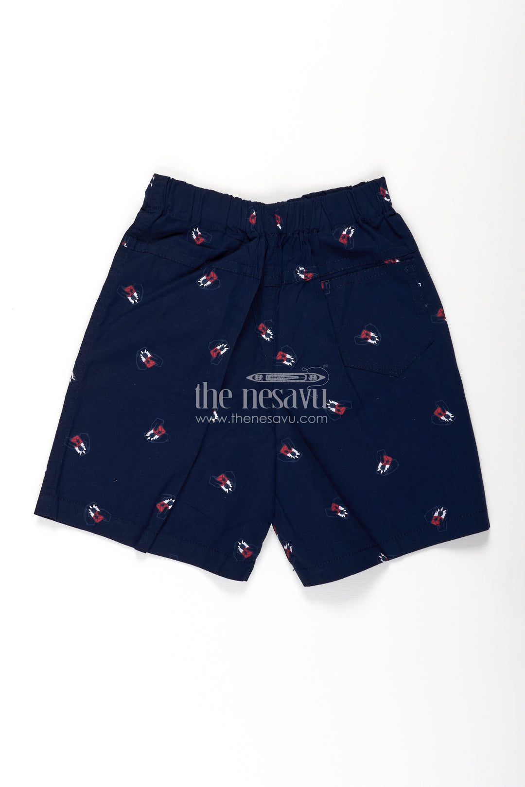 Boys Cotton navy blue shorts with Bow Tie Motif All Over Print and Soft Elastic Waistband