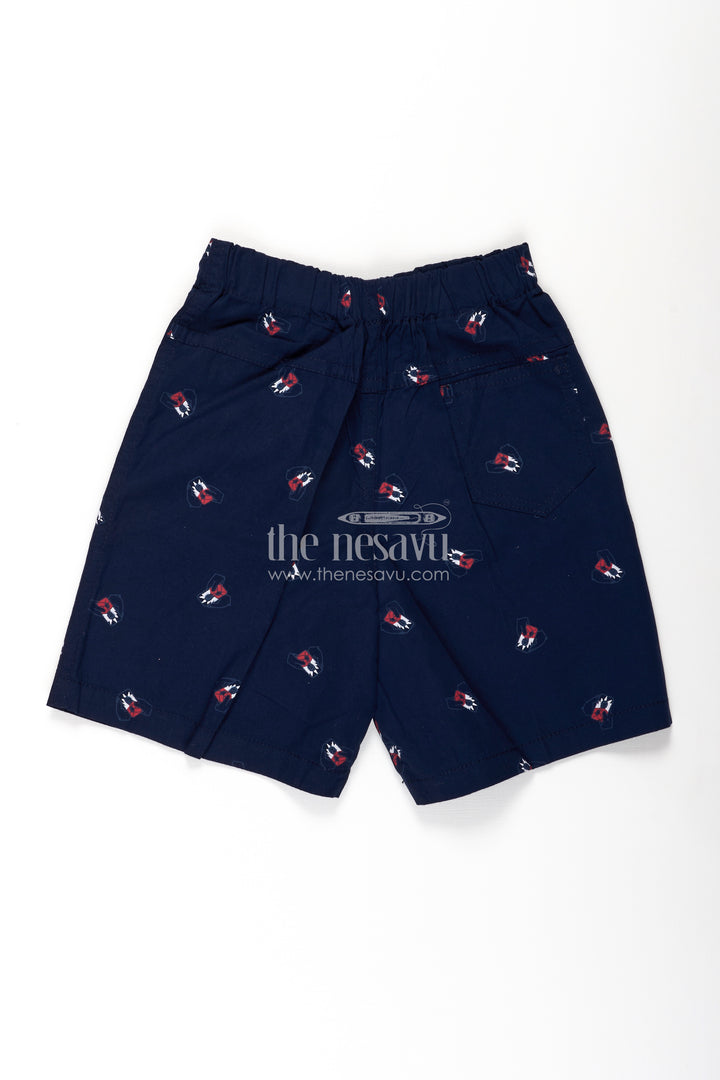 Boys Cotton navy blue shorts with Bow Tie Motif All Over Print and Soft Elastic Waistband