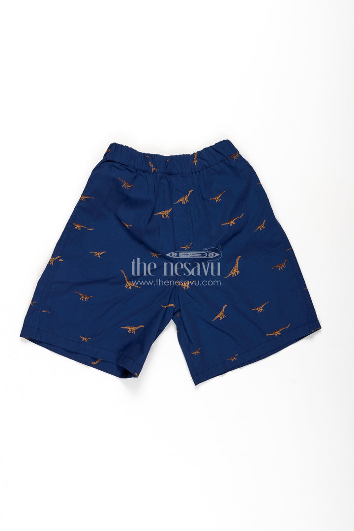 Boys Navy Blue Cotton animal print shorts with Dinosaur Motifs and Soft Elastic Fit for Daily Play
