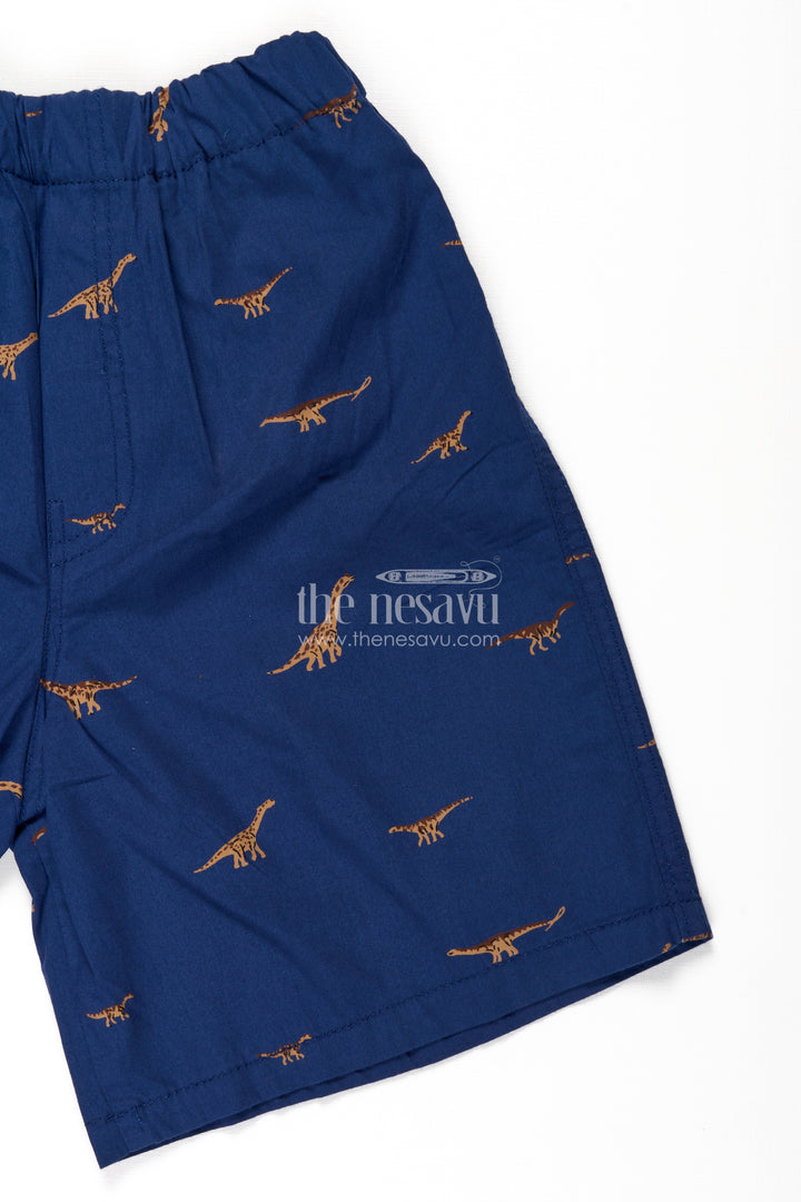 Boys Navy Blue Cotton animal print shorts with Dinosaur Motifs and Soft Elastic Fit for Daily Play