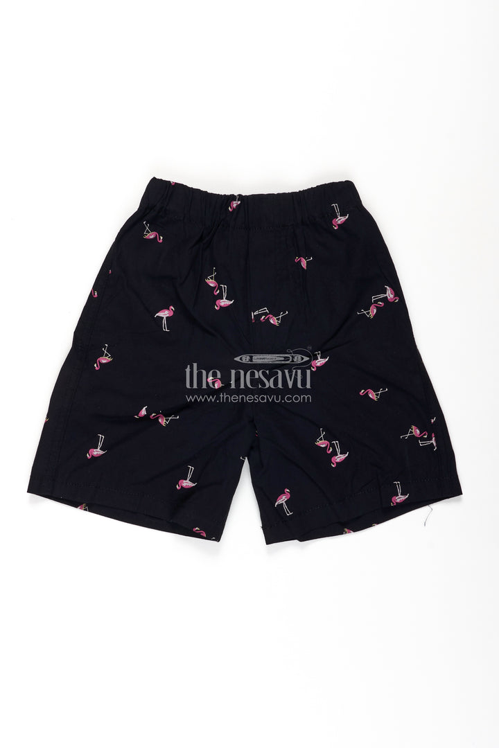 Boys Black Cotton black shorts outfit with Flamingo Print and Soft Everyday Elastic Waist Fit