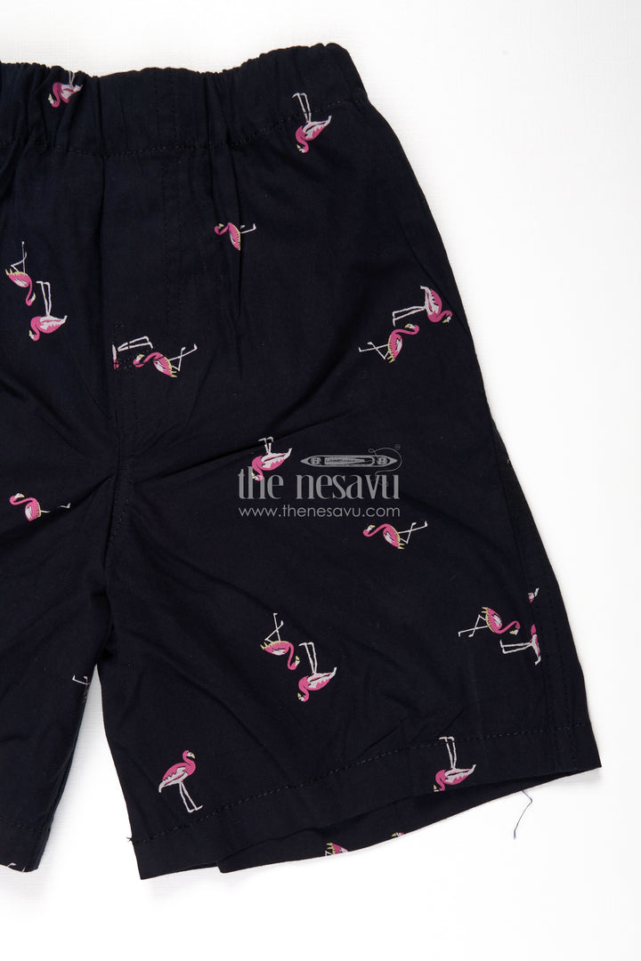 Boys Black Cotton black shorts outfit with Flamingo Print and Soft Everyday Elastic Waist Fit