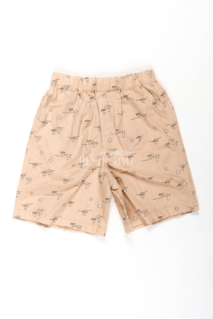 Boys Beige Cotton small shorts with Beach and Sun Digital Print and Comfy Fit for Everyday Wear