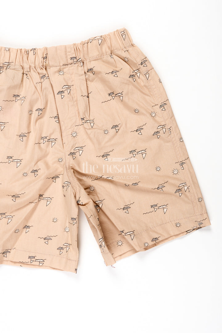 Boys Beige Cotton small shorts with Beach and Sun Digital Print and Comfy Fit for Everyday Wear