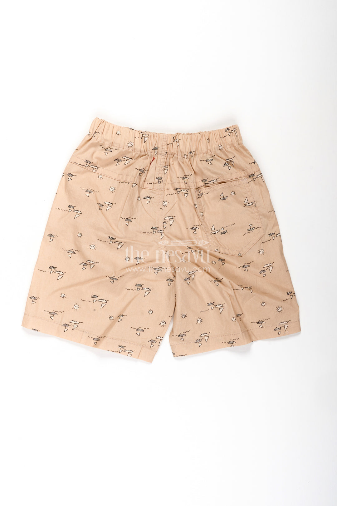 Boys Beige Cotton small shorts with Beach and Sun Digital Print and Comfy Fit for Everyday Wear