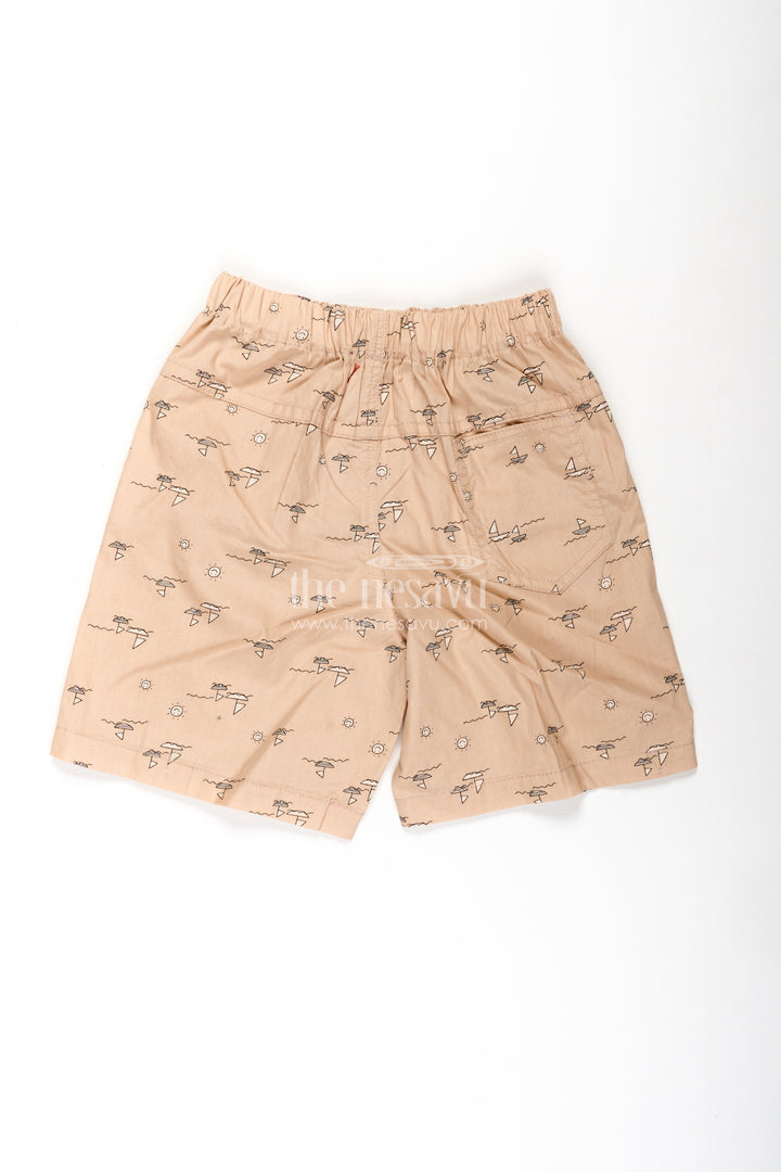 Boys Beige Cotton small shorts with Beach and Sun Digital Print and Comfy Fit for Everyday Wear
