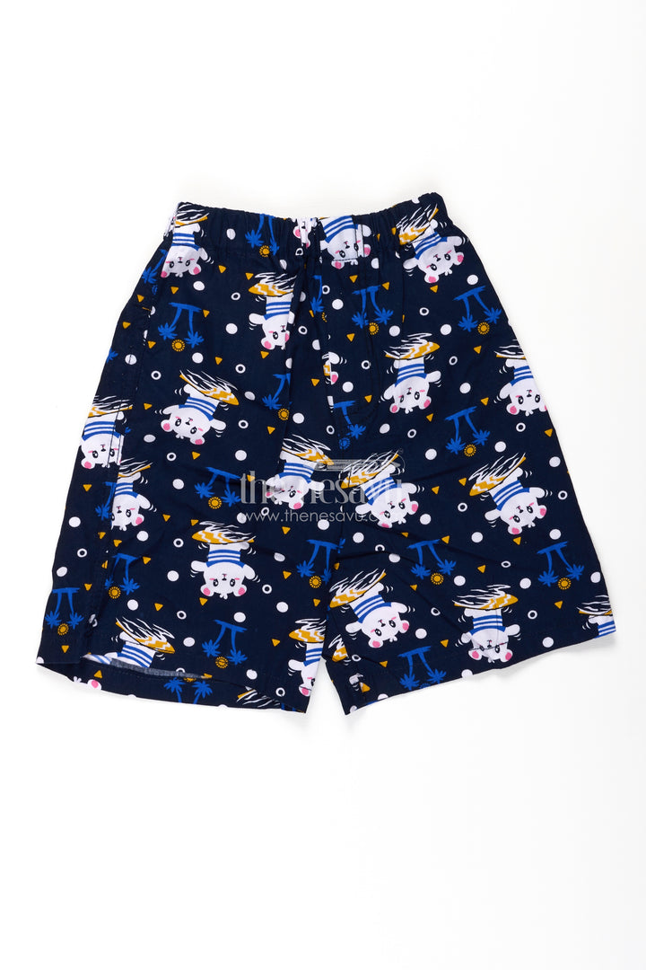 Boys Navy Cotton anime shorts with Cartoon Character Print and Stretch Waistband for Fun Daily Style