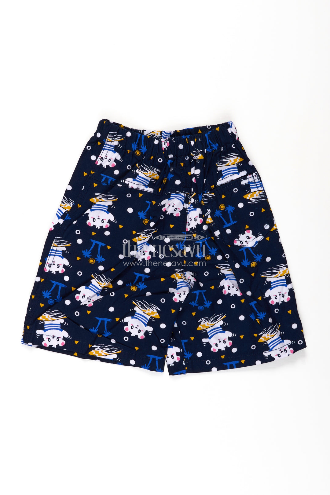 Boys Navy Cotton anime shorts with Cartoon Character Print and Stretch Waistband for Fun Daily Style