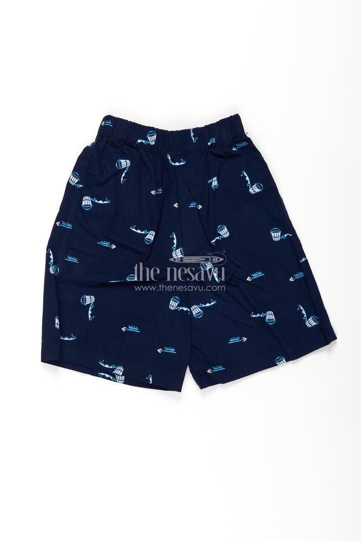 Boys Navy Cotton shorts with print featuring Marine Elements and Soft Elastic Waist for Everyday Wear