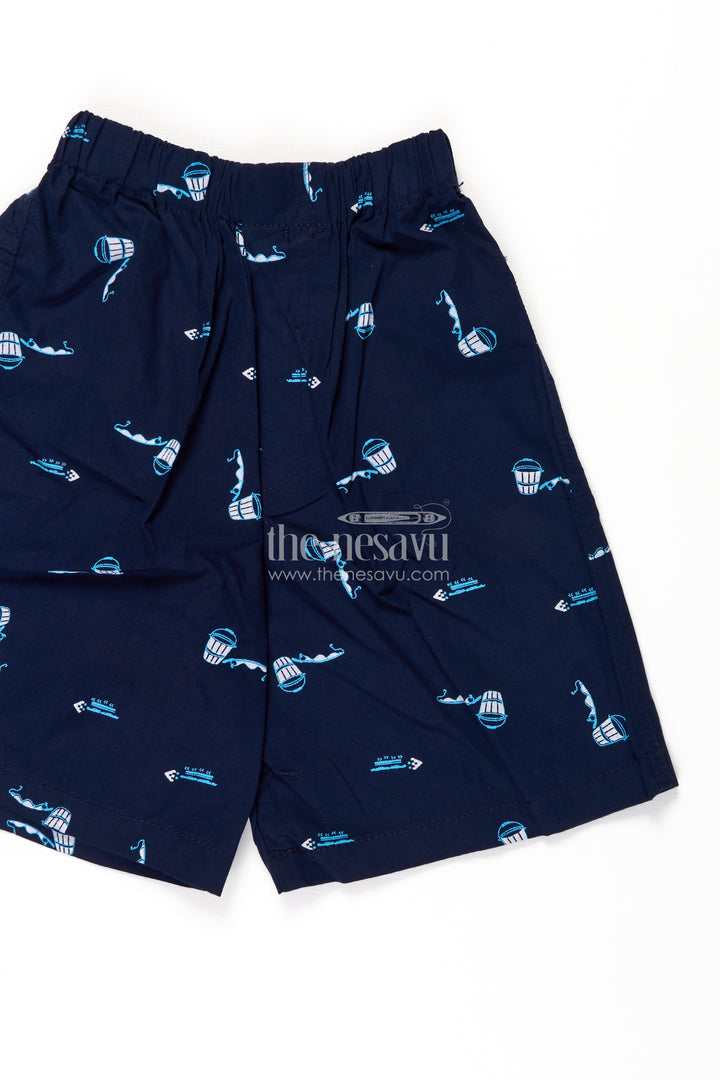 Boys Navy Cotton shorts with print featuring Marine Elements and Soft Elastic Waist for Everyday Wear