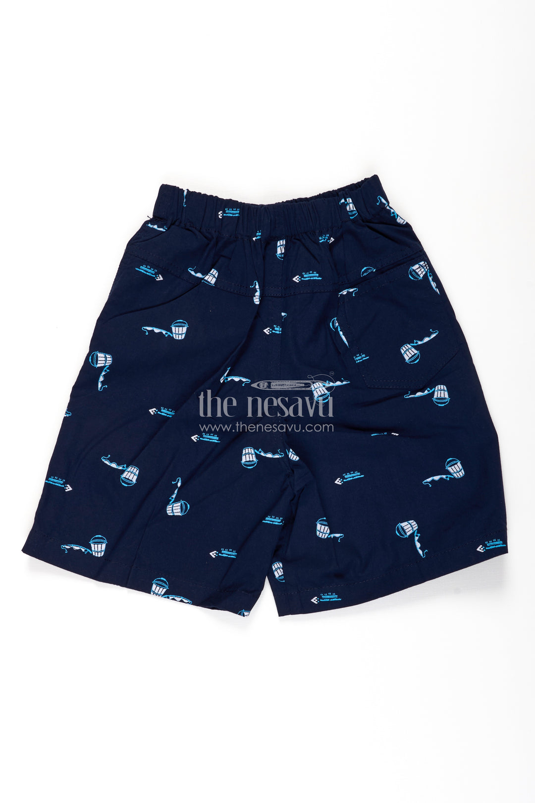 Boys Navy Cotton shorts with print featuring Marine Elements and Soft Elastic Waist for Everyday Wear