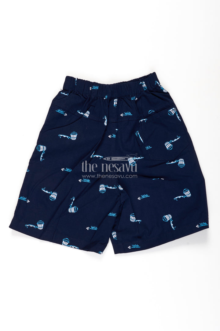 Boys Navy Cotton shorts with print featuring Marine Elements and Soft Elastic Waist for Everyday Wear