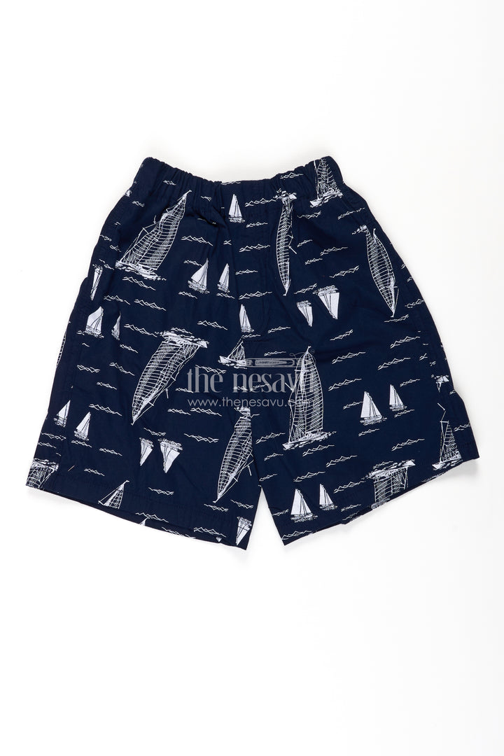 Boys Cotton dark blue shorts with White Sailboat Print and Stretch Waist for Breezy Comfort