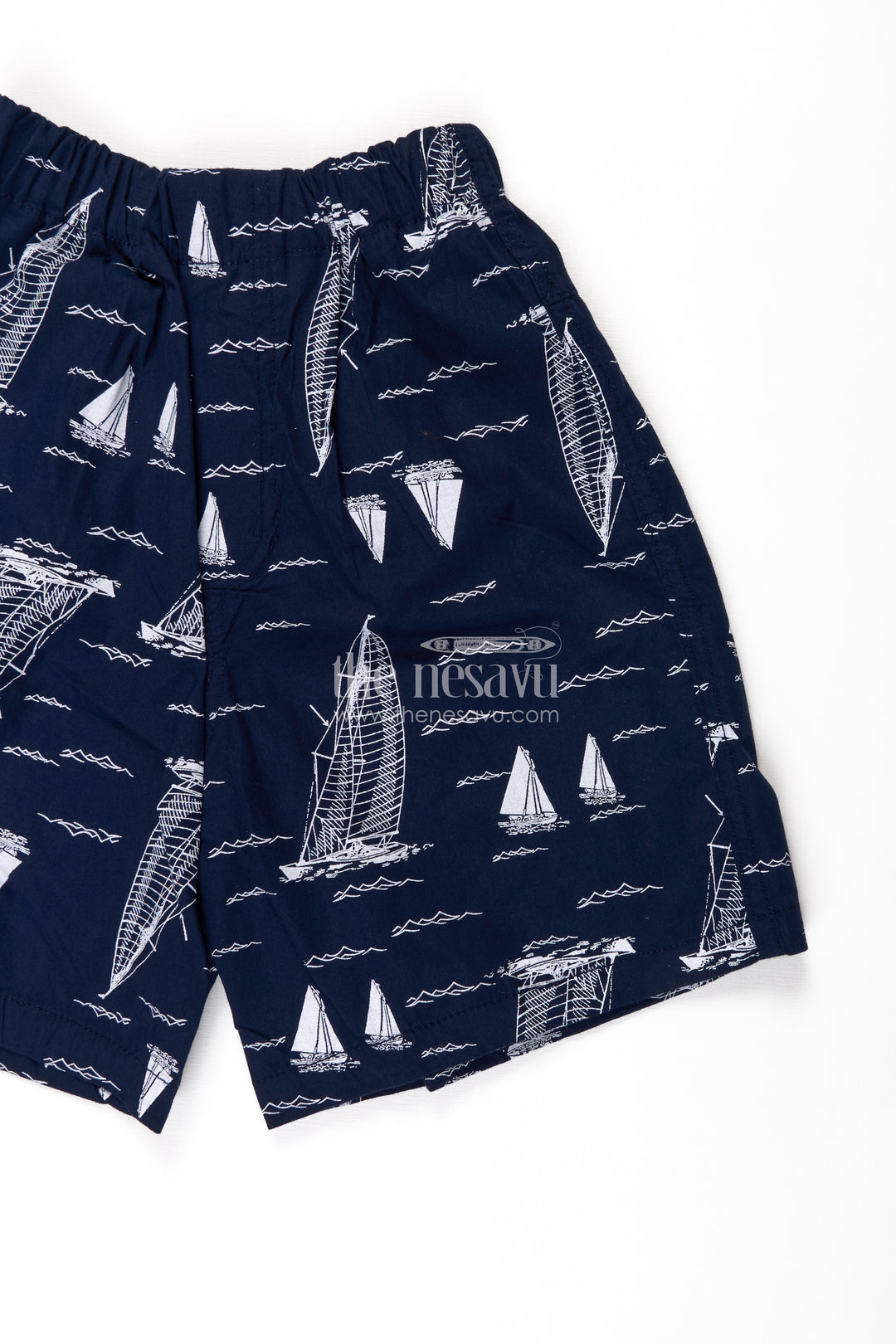Boys Cotton dark blue shorts with White Sailboat Print and Stretch Waist for Breezy Comfort