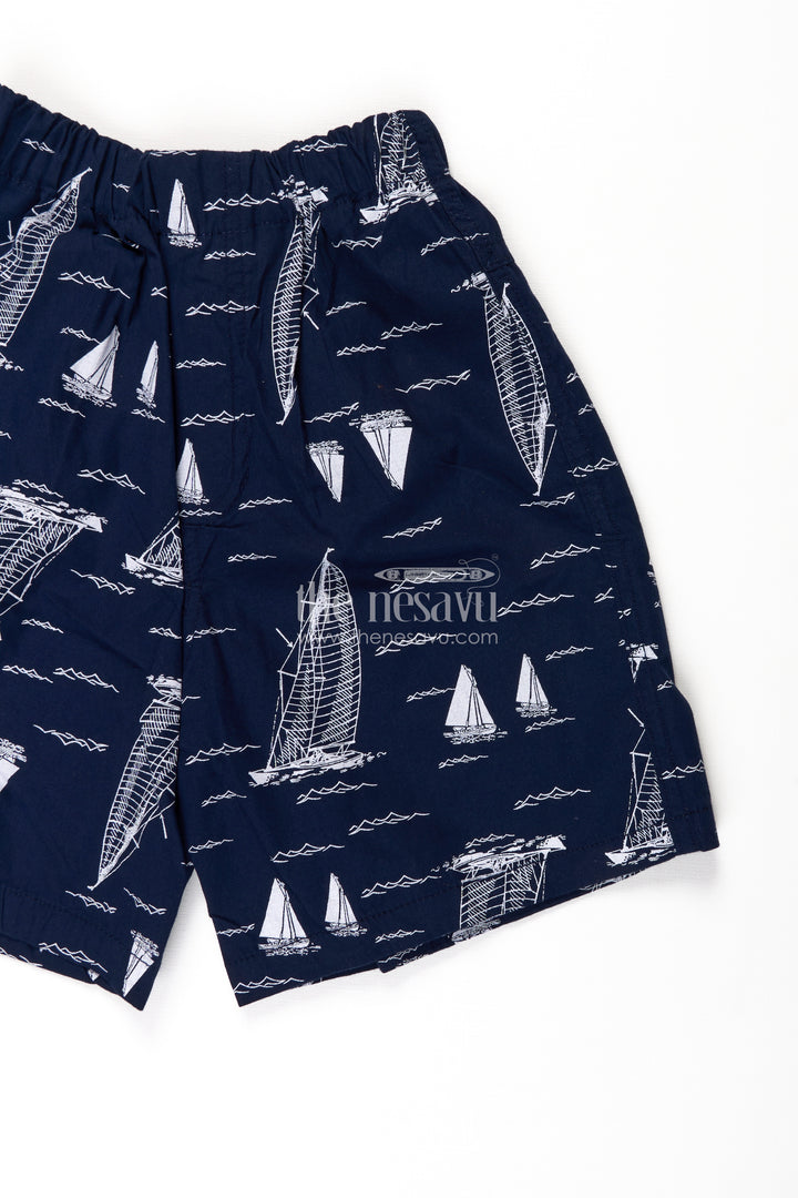Boys Cotton dark blue shorts with White Sailboat Print and Stretch Waist for Breezy Comfort
