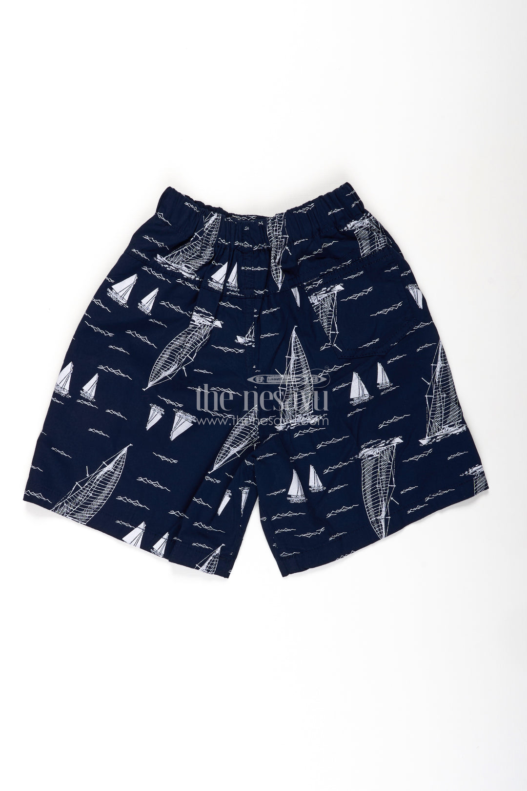 Boys Cotton dark blue shorts with White Sailboat Print and Stretch Waist for Breezy Comfort