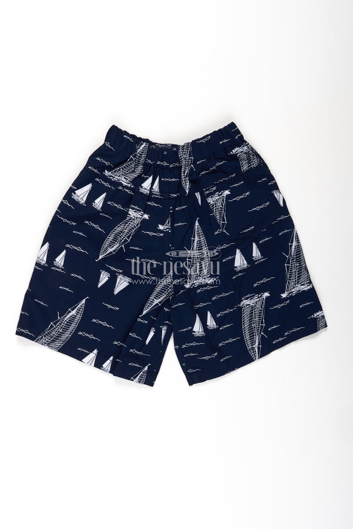 Boys Cotton dark blue shorts with White Sailboat Print and Stretch Waist for Breezy Comfort