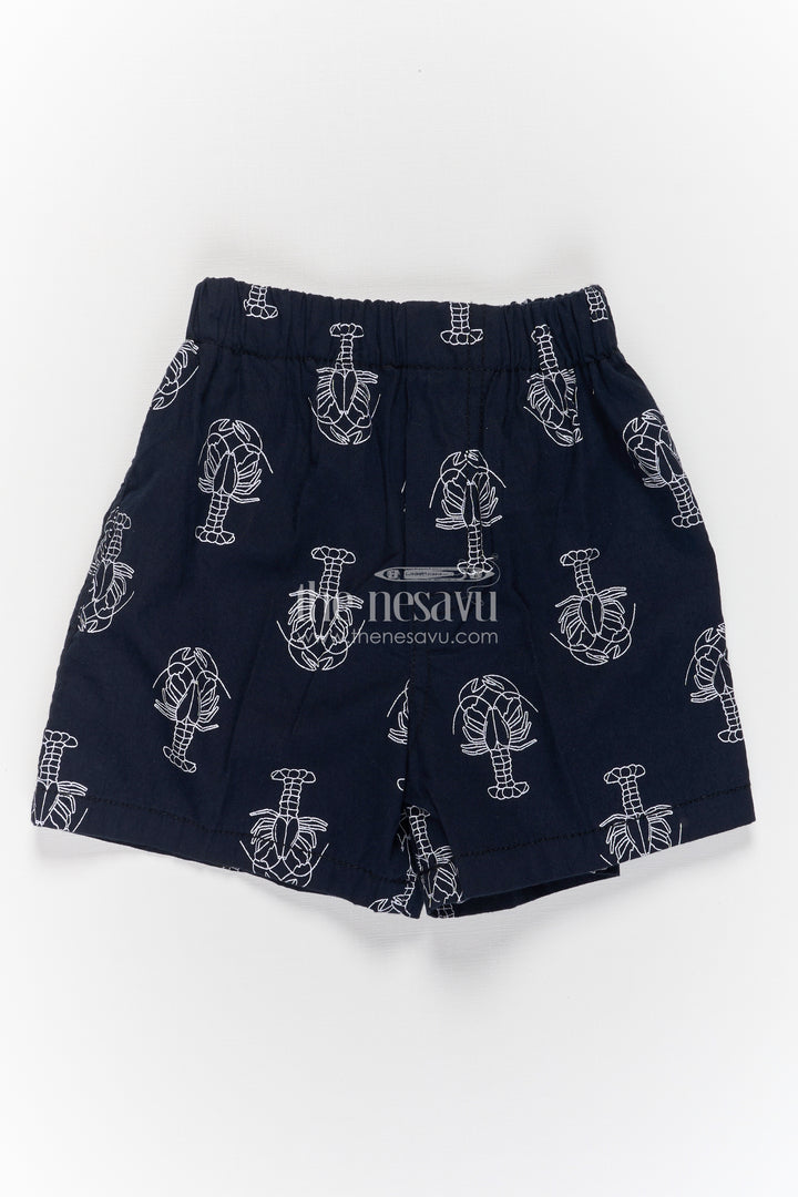 Boys Black Cotton stretchable short with Lobster Print and Soft Elastic Fit for Summer Ease