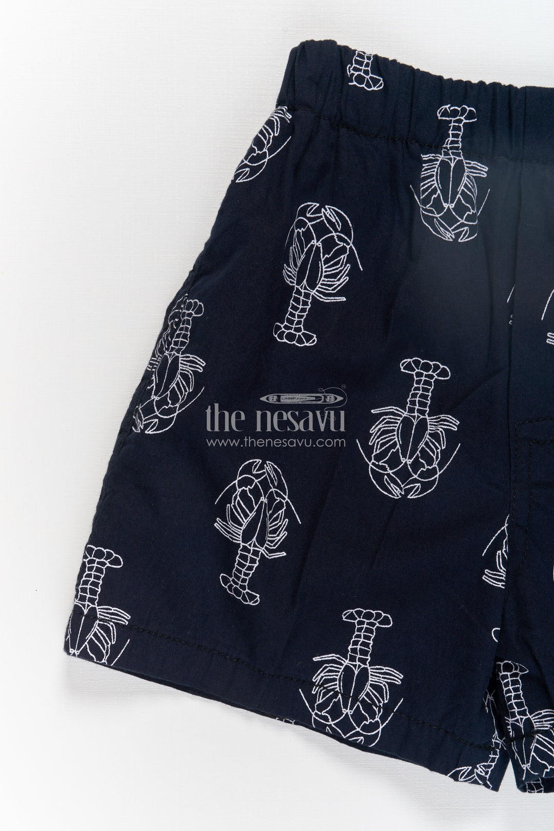 Boys Black Cotton stretchable short with Lobster Print and Soft Elastic Fit for Summer Ease