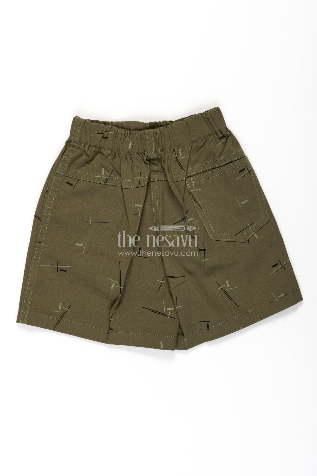 Boys Olive Green Cotton elasticized shorts with Abstract Line Print and Soft Waistband for All Day Ease