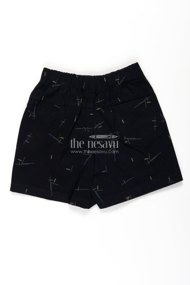 Boys Black Cotton tailored short shorts with Geometric Line Print and Soft Fit for Stylish Comfort
