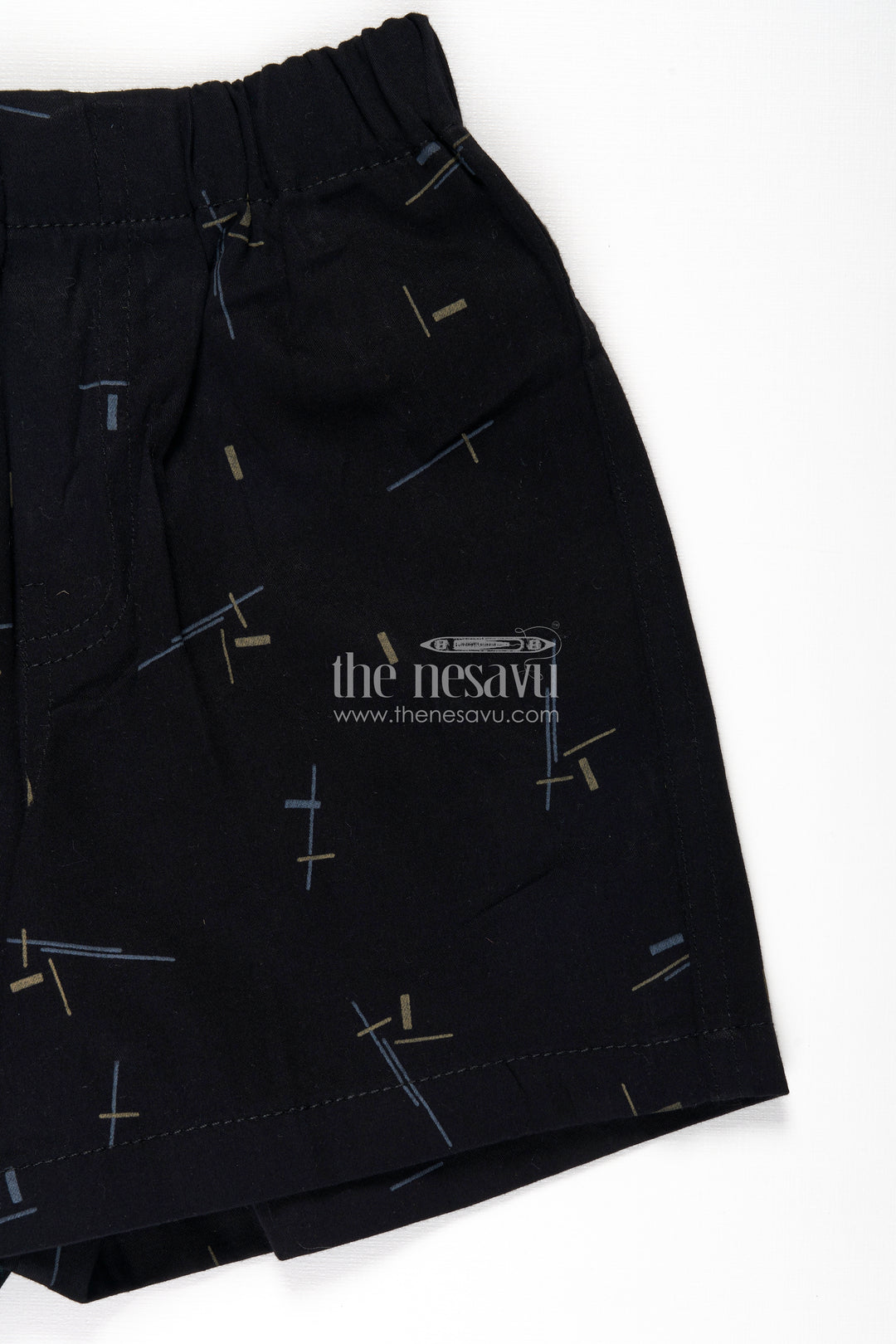 Boys Black Cotton tailored short shorts with Geometric Line Print and Soft Fit for Stylish Comfort