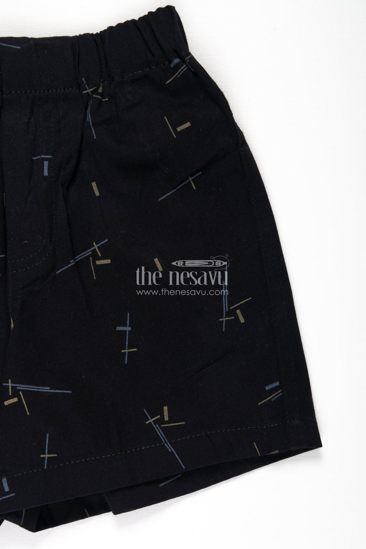 Boys Black Cotton tailored short shorts with Geometric Line Print and Soft Fit for Stylish Comfort