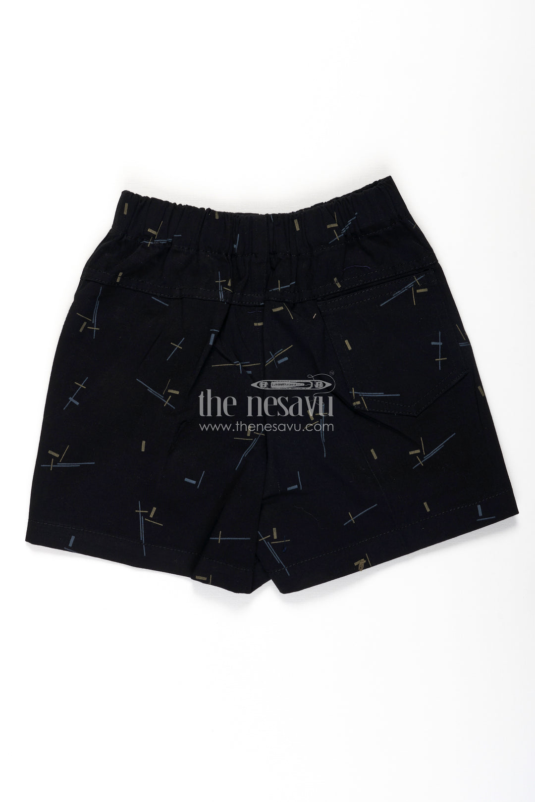 Boys Black Cotton tailored short shorts with Geometric Line Print and Soft Fit for Stylish Comfort