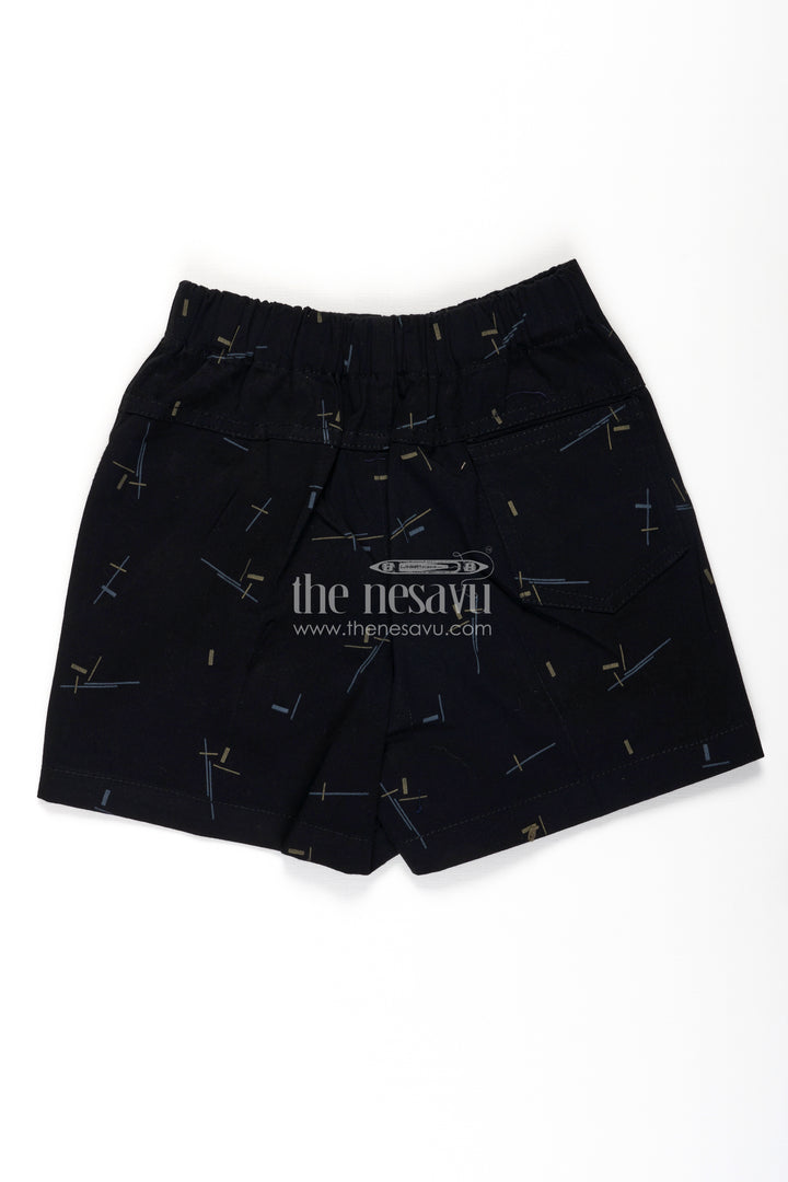 Boys Black Cotton tailored short shorts with Geometric Line Print and Soft Fit for Stylish Comfort