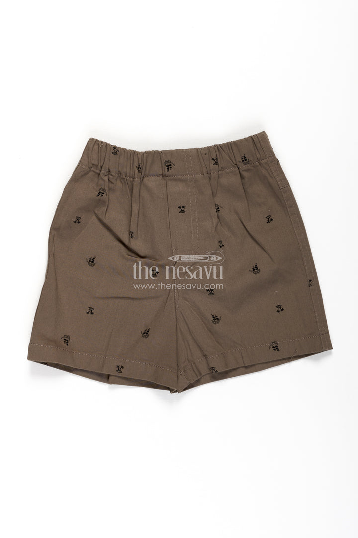 Boys Khaki Cotton sweatshirt shorts with Tropical Palm Tree Print and Comfy Elastic Waistband