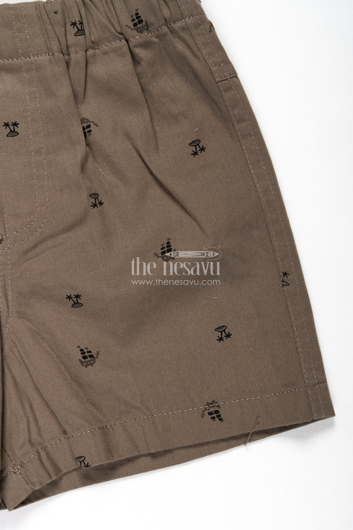 Boys Khaki Cotton sweatshirt shorts with Tropical Palm Tree Print and Comfy Elastic Waistband