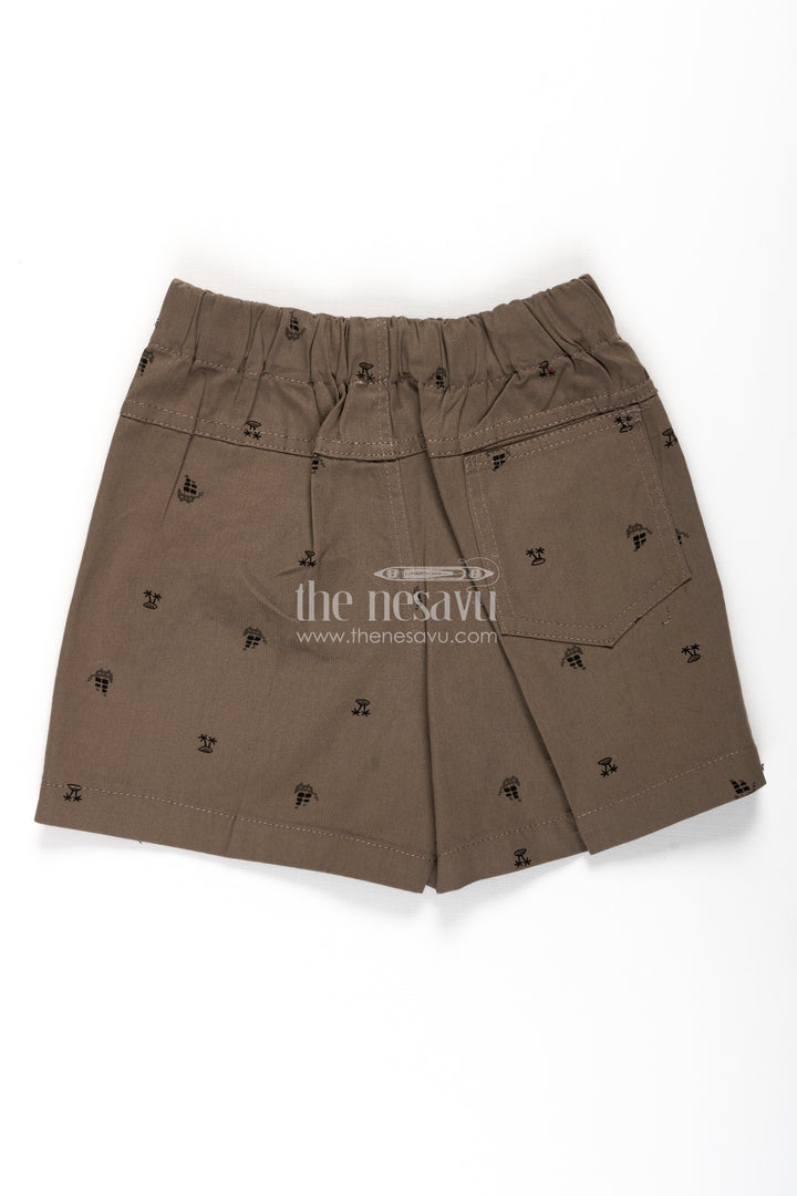 Boys Khaki Cotton sweatshirt shorts with Tropical Palm Tree Print and Comfy Elastic Waistband