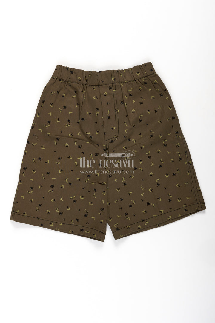 Boys Olive Brown Cotton loose shorts with Micro Arrow and Palm Print and Relaxed Fit for Active Kids