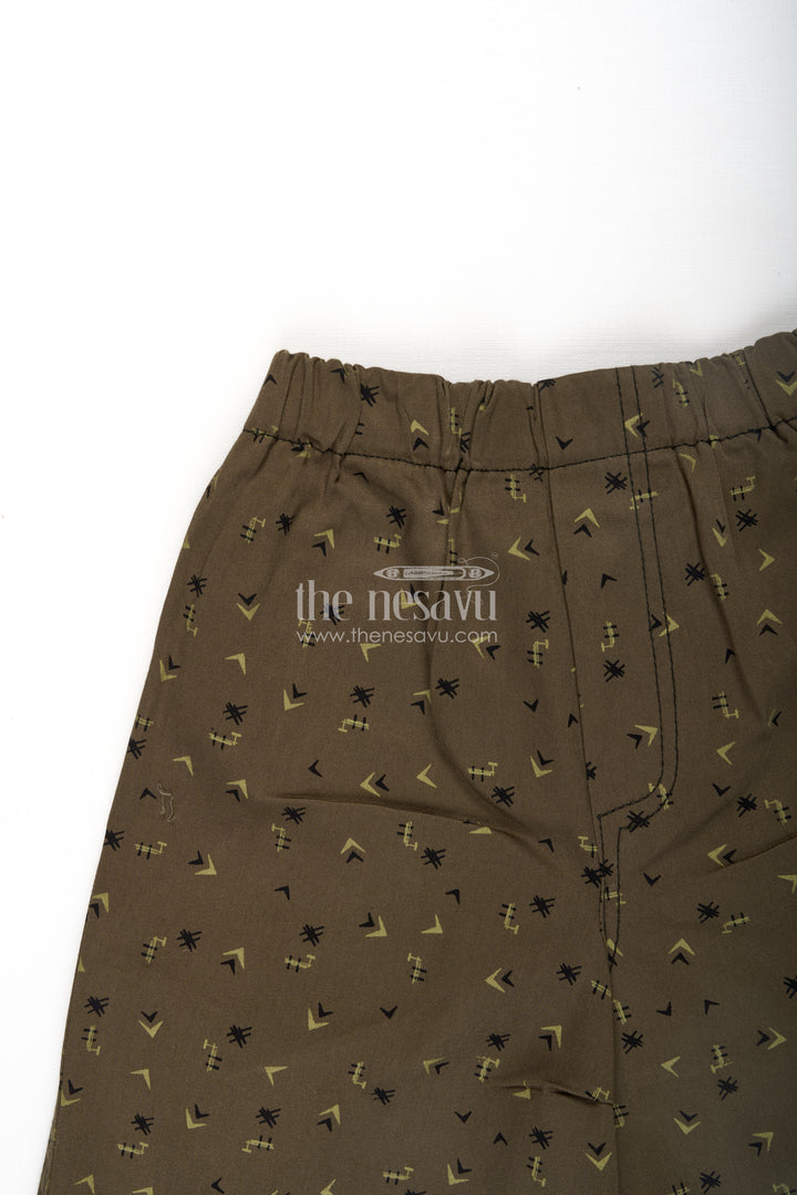 Boys Olive Brown Cotton loose shorts with Micro Arrow and Palm Print and Relaxed Fit for Active Kids
