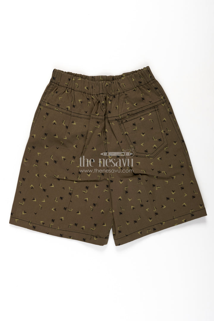 Boys Olive Brown Cotton loose shorts with Micro Arrow and Palm Print and Relaxed Fit for Active Kids