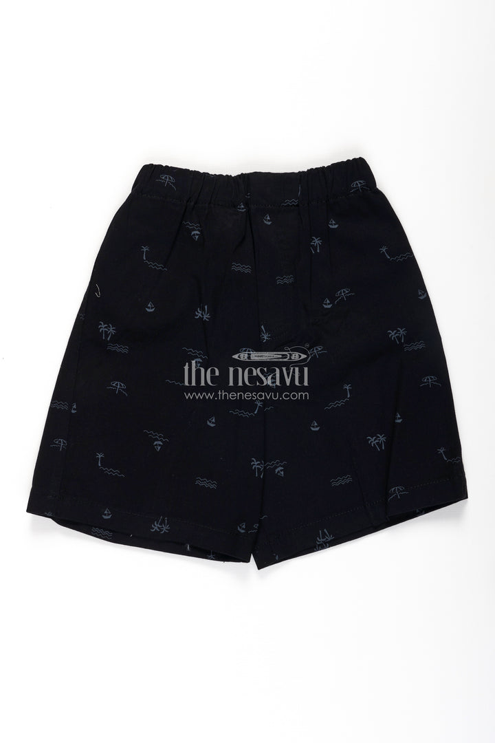 Boys Black Cotton little shorts with Beach Theme Digital Print and Soft Fit Elastic Waistband