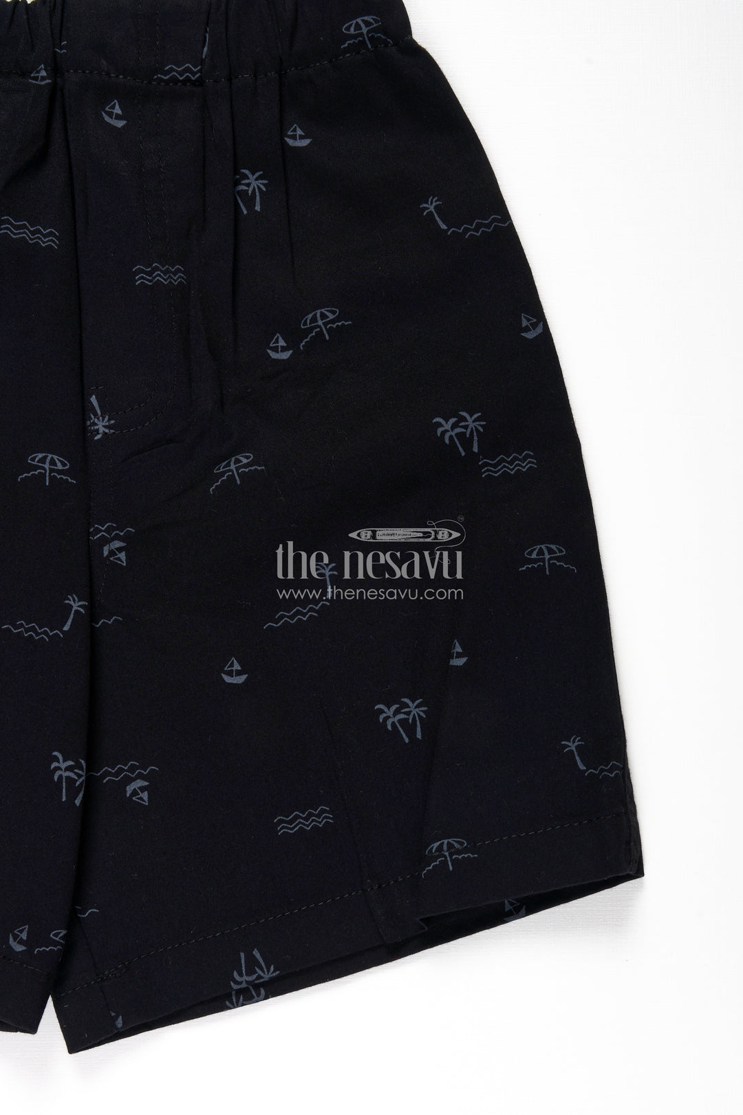 Boys Black Cotton little shorts with Beach Theme Digital Print and Soft Fit Elastic Waistband