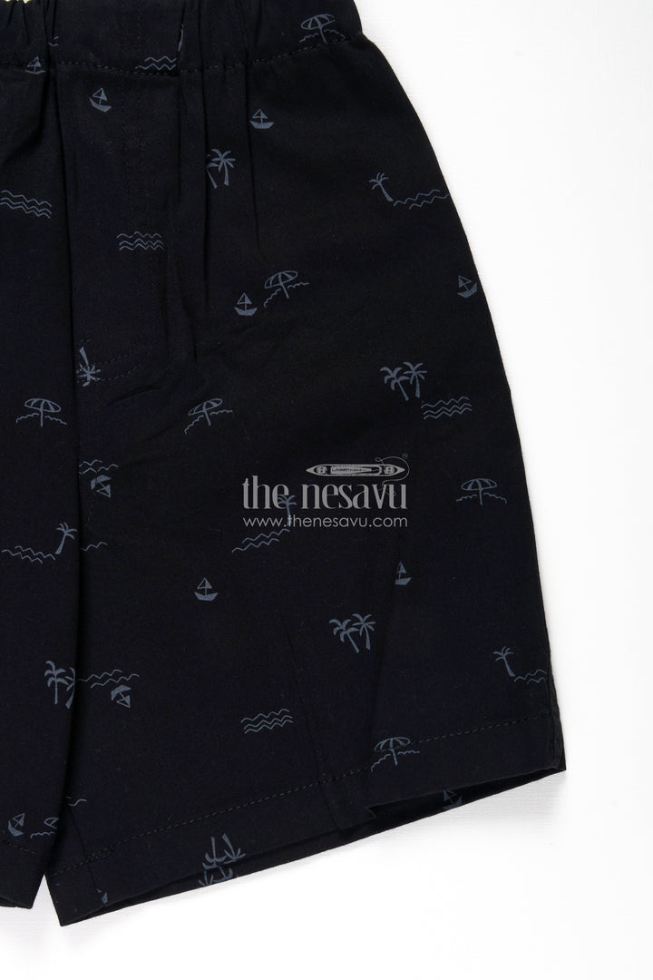 Boys Black Cotton little shorts with Beach Theme Digital Print and Soft Fit Elastic Waistband