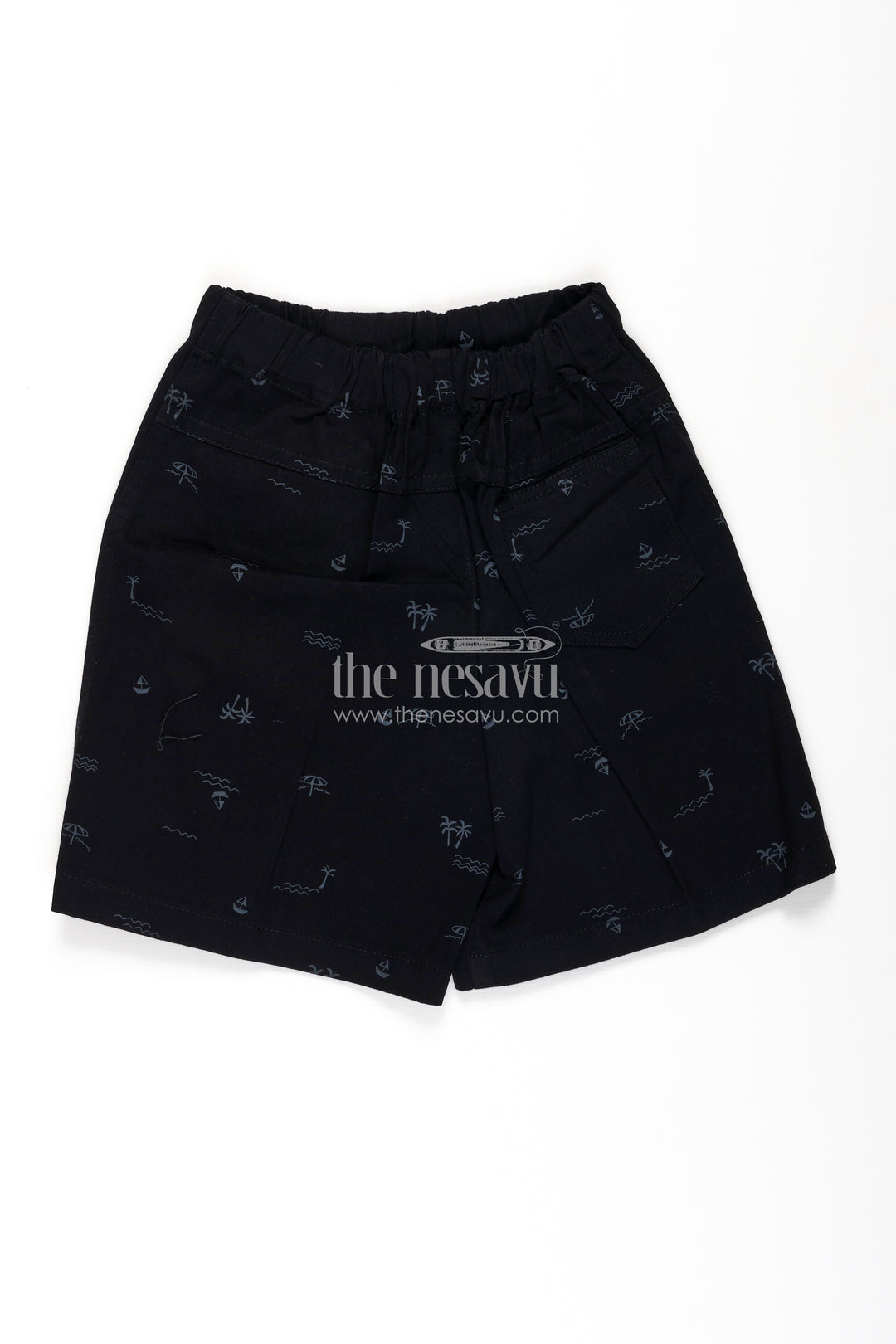 Boys Black Cotton little shorts with Beach Theme Digital Print and Soft Fit Elastic Waistband