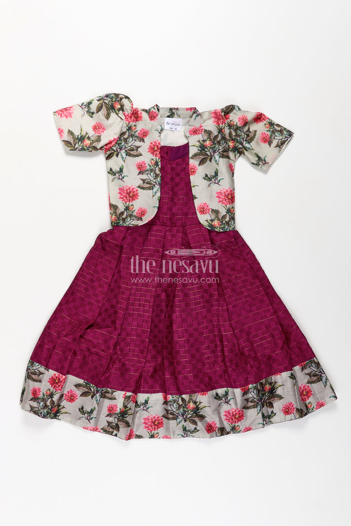 Girls Silk Cotton Gown with Floral Chanderi Overcoat in pink colour gown dress Style